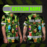 Hi Vis T Shirt Reflective Tapes Green Flower Drink Tropical Custom Name Safety Workwear For Workers, Truckers, Operators