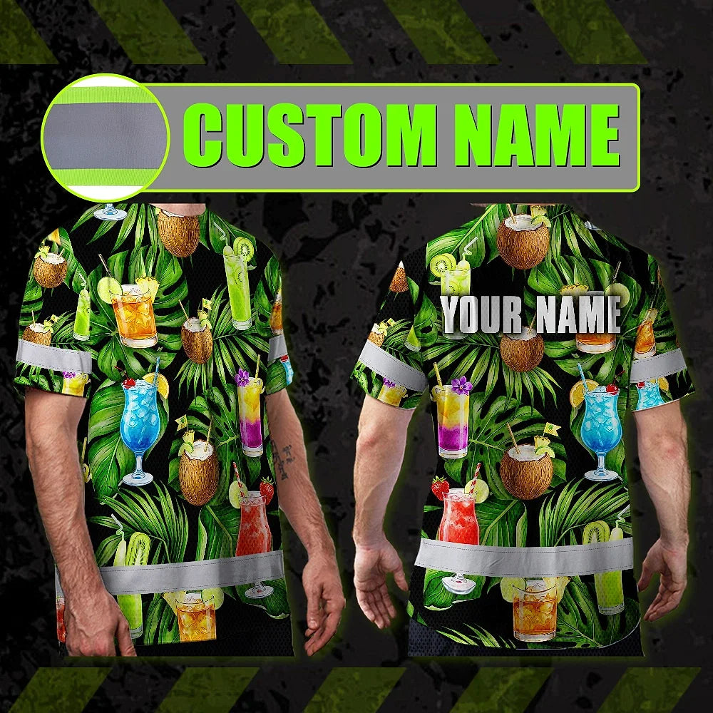 Hi Vis T Shirt Reflective Tapes Green Flower Drink Tropical Custom Name Safety Workwear For Workers, Truckers, Operators