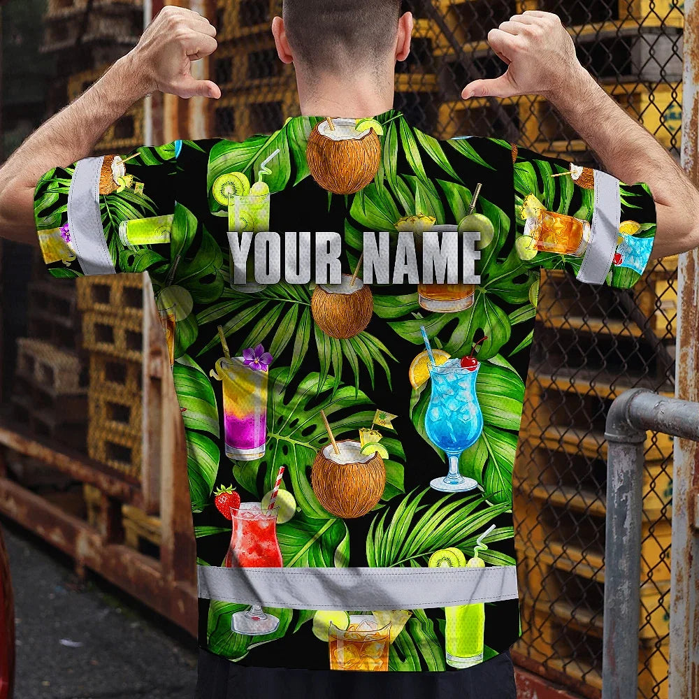 Hi Vis T Shirt Reflective Tapes Green Flower Drink Tropical Custom Name Safety Workwear For Workers, Truckers, Operators
