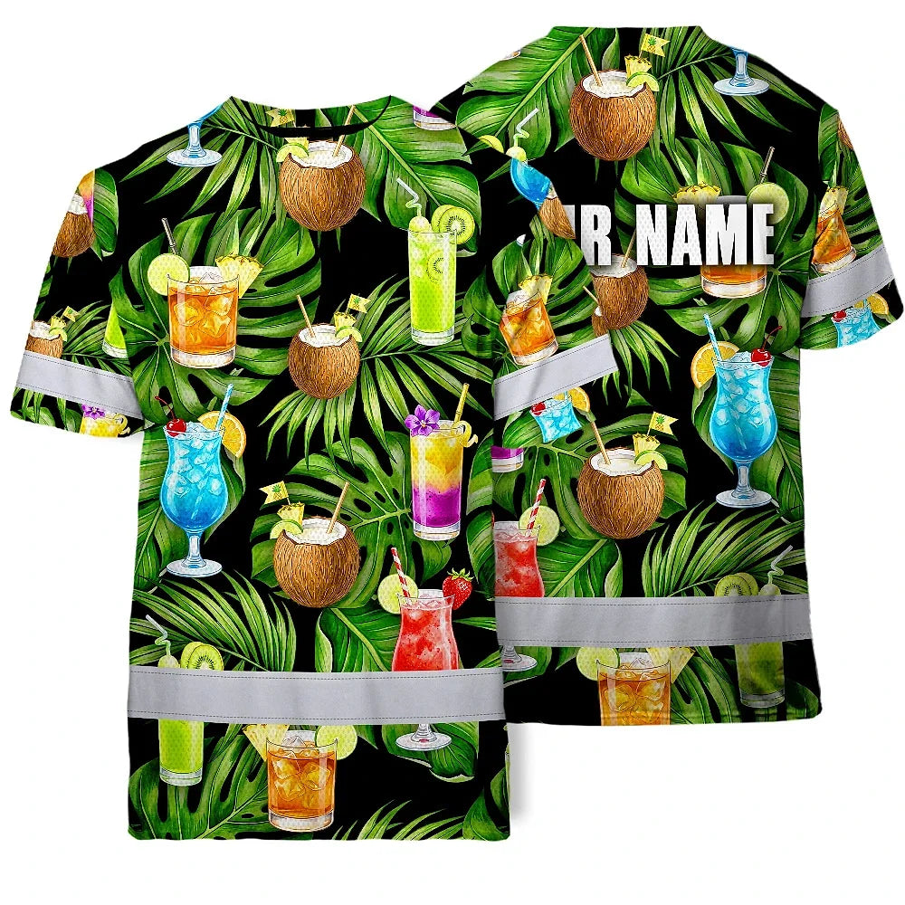 Hi Vis T Shirt Reflective Tapes Green Flower Drink Tropical Custom Name Safety Workwear For Workers, Truckers, Operators
