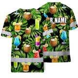 Hi Vis T Shirt Reflective Tapes Green Flower Drink Tropical Custom Name Safety Workwear For Workers, Truckers, Operators