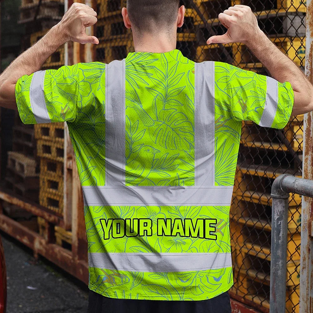 Hi Vis T Shirt Reflective Tapes Green Grey Flowers Hawaii Custom Name Safety Workwear For Workers, Truckers, Operators