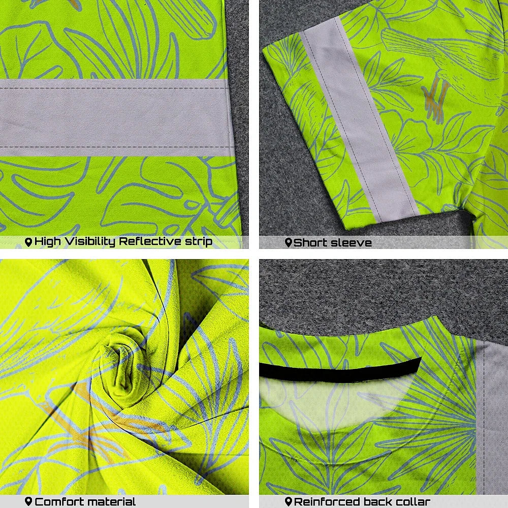 Hi Vis T Shirt Reflective Tapes Green Grey Flowers Hawaii Custom Name Safety Workwear For Workers, Truckers, Operators