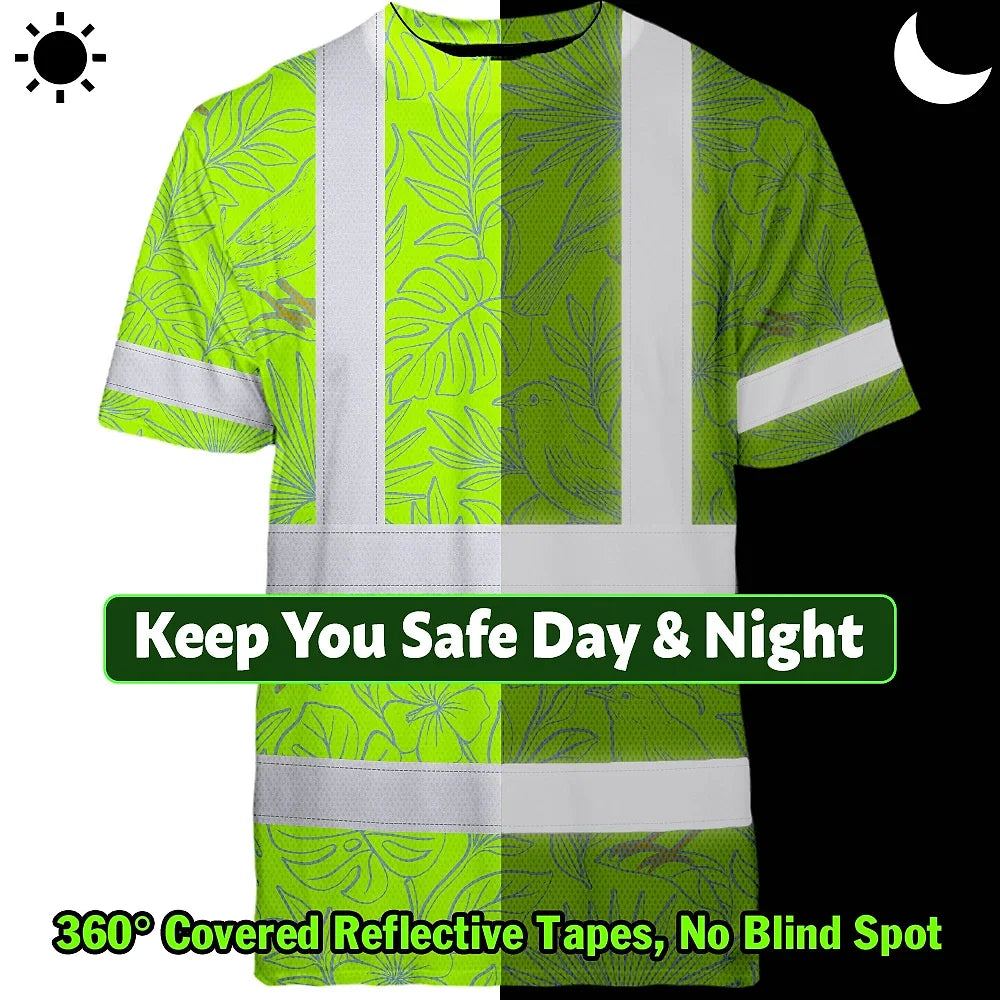 Hi Vis T Shirt Reflective Tapes Green Grey Flowers Hawaii Custom Name Safety Workwear For Workers, Truckers, Operators