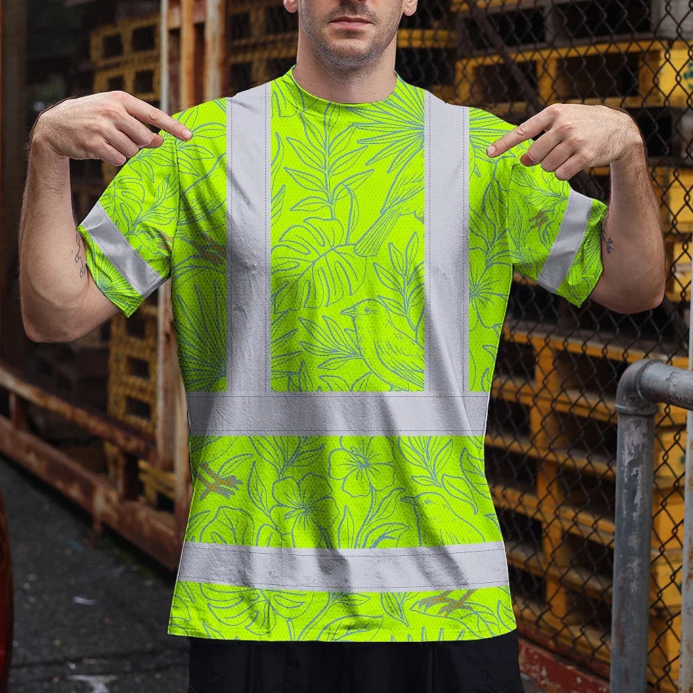 Hi Vis T Shirt Reflective Tapes Green Grey Flowers Hawaii Custom Name Safety Workwear For Workers, Truckers, Operators