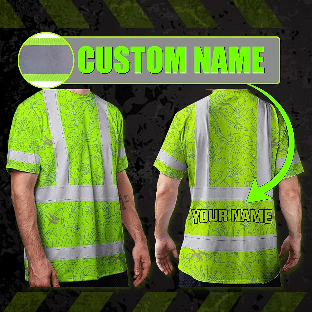 Hi Vis T Shirt Reflective Tapes Green Grey Flowers Hawaii Custom Name Safety Workwear For Workers, Truckers, Operators