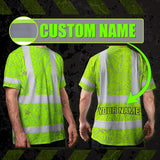 Hi Vis T Shirt Reflective Tapes Green Grey Flowers Hawaii Custom Name Safety Workwear For Workers, Truckers, Operators