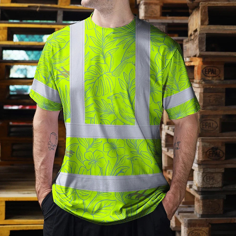 Hi Vis T Shirt Reflective Tapes Green Grey Flowers Hawaii Custom Name Safety Workwear For Workers, Truckers, Operators