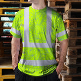 Hi Vis T Shirt Reflective Tapes Green Grey Flowers Hawaii Custom Name Safety Workwear For Workers, Truckers, Operators