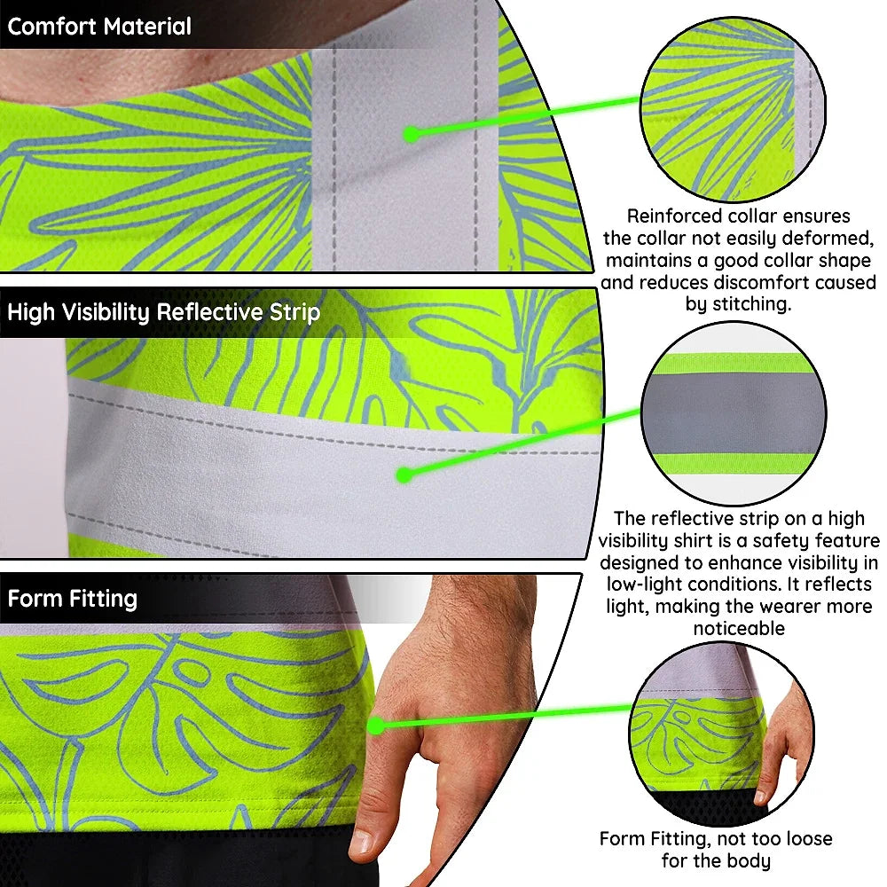 Hi Vis T Shirt Reflective Tapes Green Grey Flowers Hawaii Custom Name Safety Workwear For Workers, Truckers, Operators