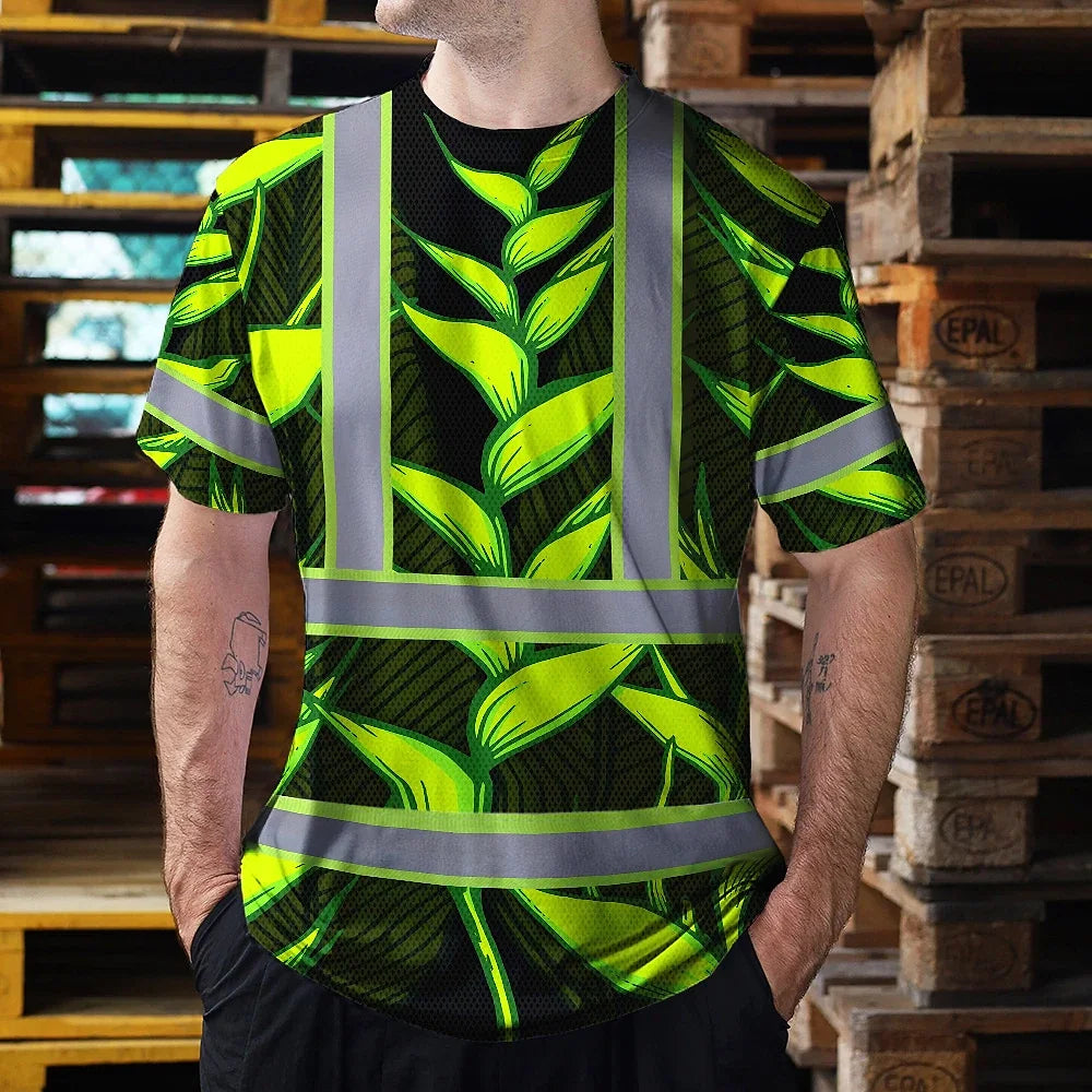 Hi Vis T Shirt Reflective Tapes Green Neon Black Heliconia Custom Name Safety Workwear For Workers, Truckers, Operators