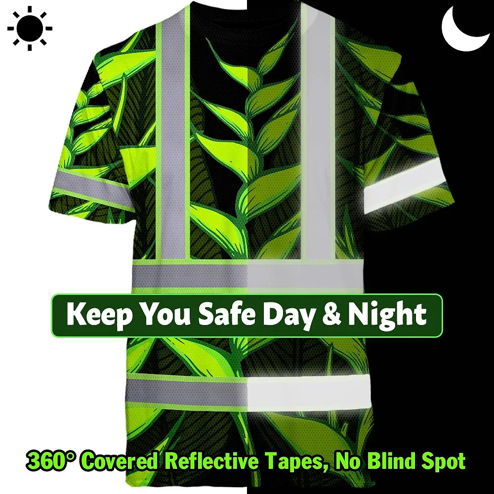 Hi Vis T Shirt Reflective Tapes Green Neon Black Heliconia Custom Name Safety Workwear For Workers, Truckers, Operators