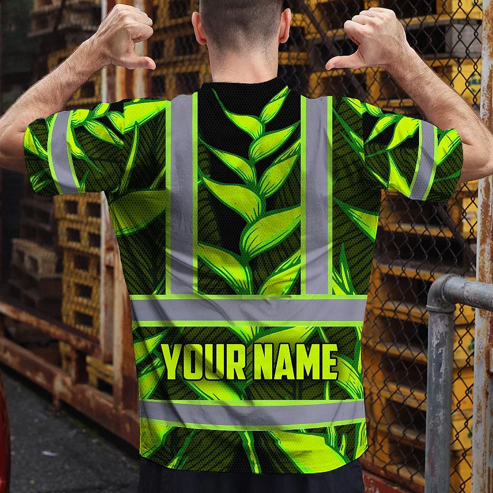 Hi Vis T Shirt Reflective Tapes Green Neon Black Heliconia Custom Name Safety Workwear For Workers, Truckers, Operators