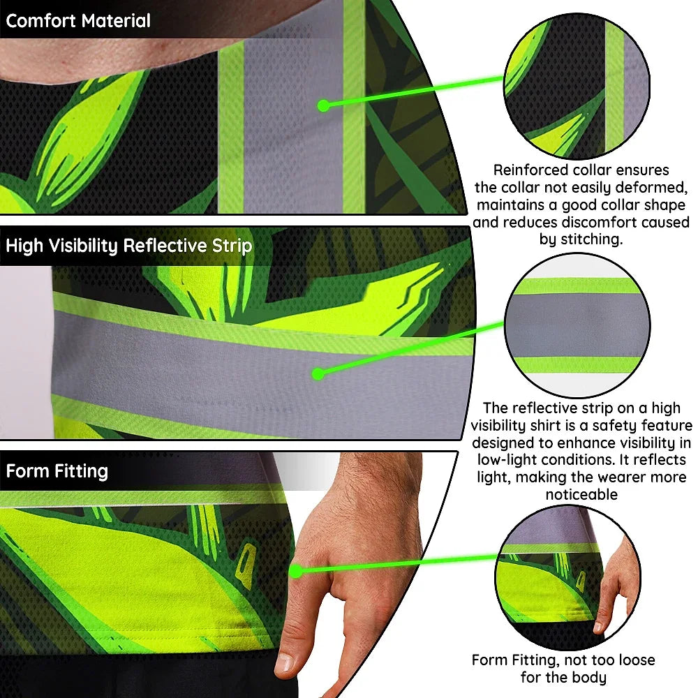 Hi Vis T Shirt Reflective Tapes Green Neon Black Heliconia Custom Name Safety Workwear For Workers, Truckers, Operators