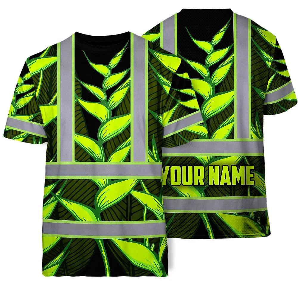 Hi Vis T Shirt Reflective Tapes Green Neon Black Heliconia Custom Name Safety Workwear For Workers, Truckers, Operators