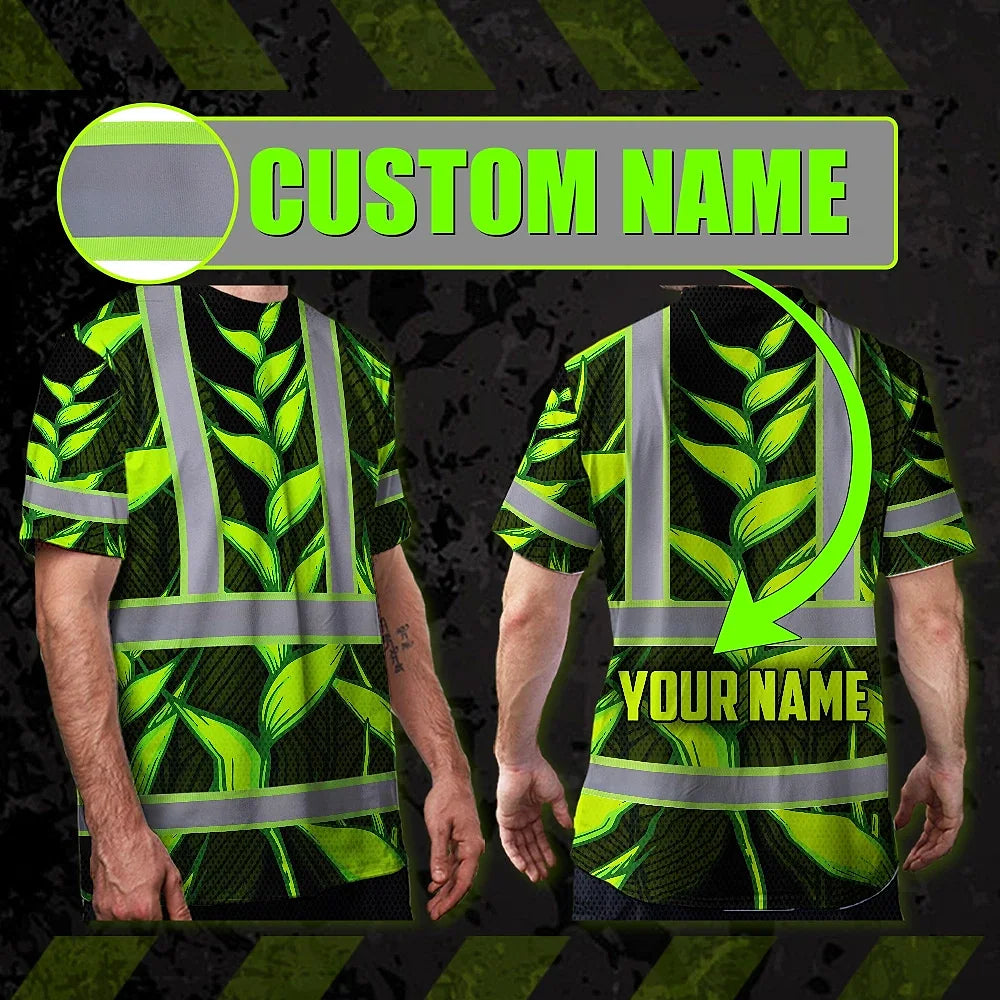Hi Vis T Shirt Reflective Tapes Green Neon Black Heliconia Custom Name Safety Workwear For Workers, Truckers, Operators