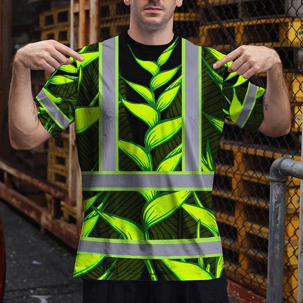 Hi Vis T Shirt Reflective Tapes Green Neon Black Heliconia Custom Name Safety Workwear For Workers, Truckers, Operators
