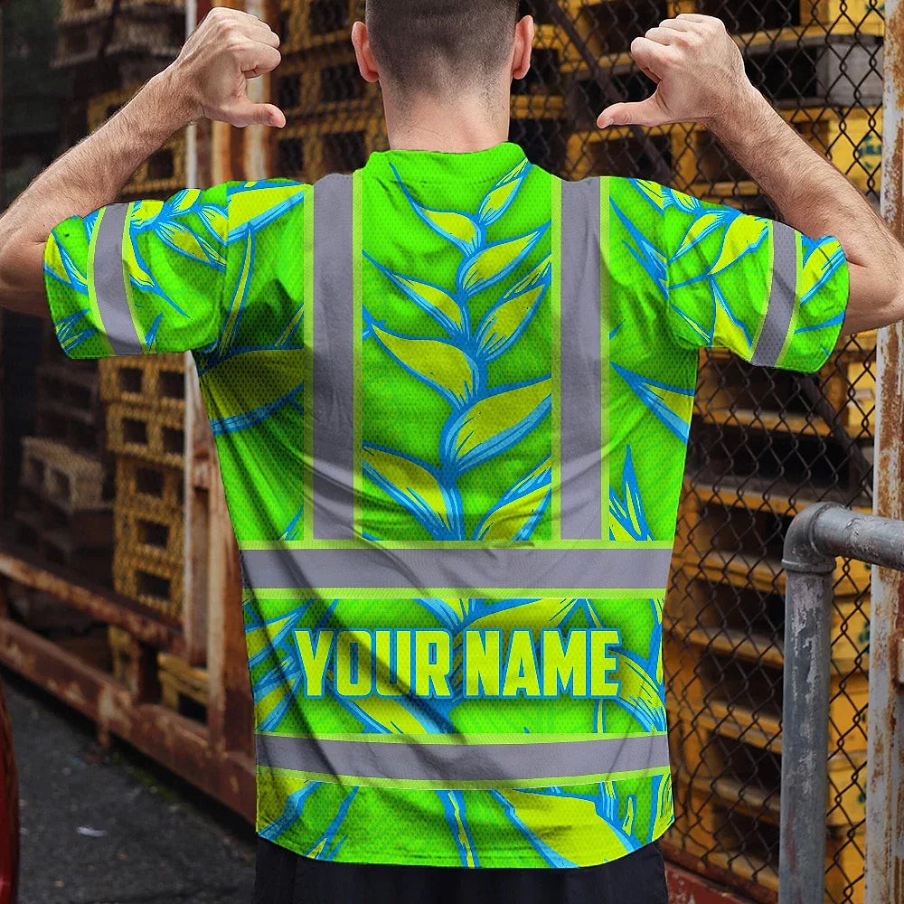 Hi Vis T Shirt Reflective Tapes Green Neon Blue Heliconia Custom Name Safety Workwear For Workers, Truckers, Operators