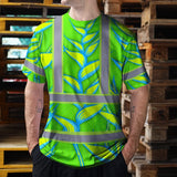 Hi Vis T Shirt Reflective Tapes Green Neon Blue Heliconia Custom Name Safety Workwear For Workers, Truckers, Operators