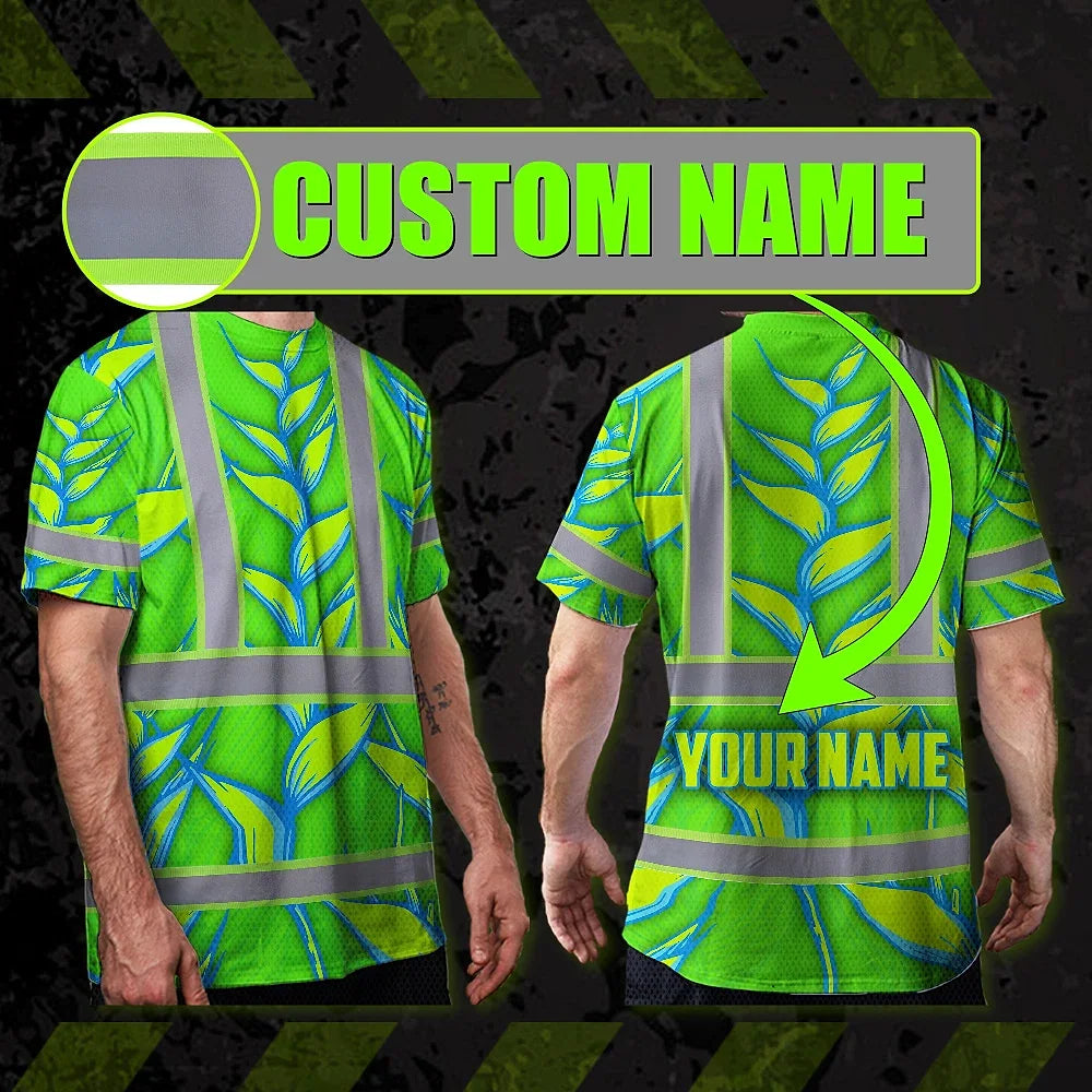 Hi Vis T Shirt Reflective Tapes Green Neon Blue Heliconia Custom Name Safety Workwear For Workers, Truckers, Operators