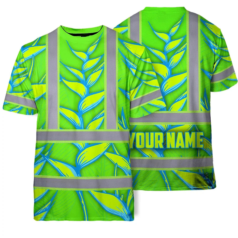 Hi Vis T Shirt Reflective Tapes Green Neon Blue Heliconia Custom Name Safety Workwear For Workers, Truckers, Operators