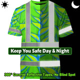 Hi Vis T Shirt Reflective Tapes Green Neon Blue Heliconia Custom Name Safety Workwear For Workers, Truckers, Operators