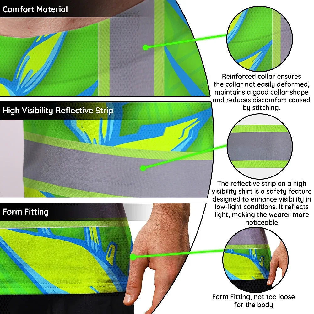 Hi Vis T Shirt Reflective Tapes Green Neon Blue Heliconia Custom Name Safety Workwear For Workers, Truckers, Operators