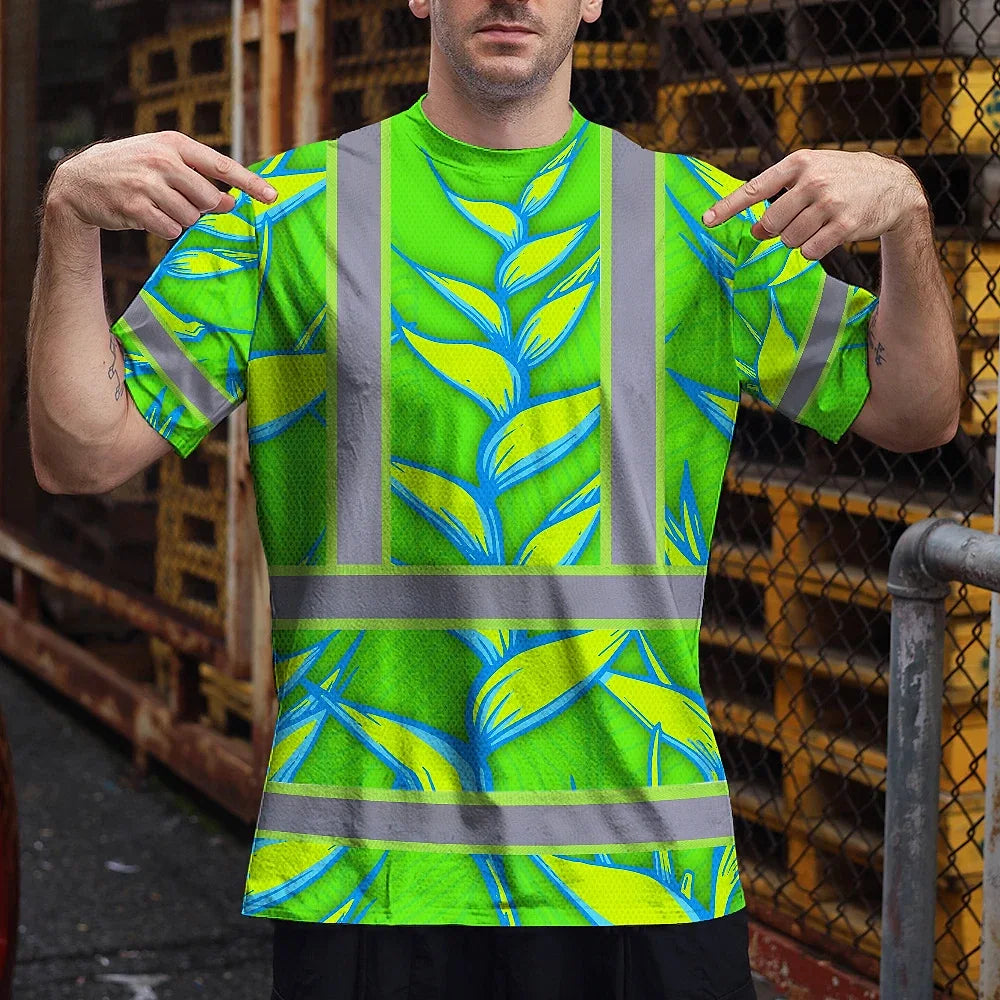 Hi Vis T Shirt Reflective Tapes Green Neon Blue Heliconia Custom Name Safety Workwear For Workers, Truckers, Operators