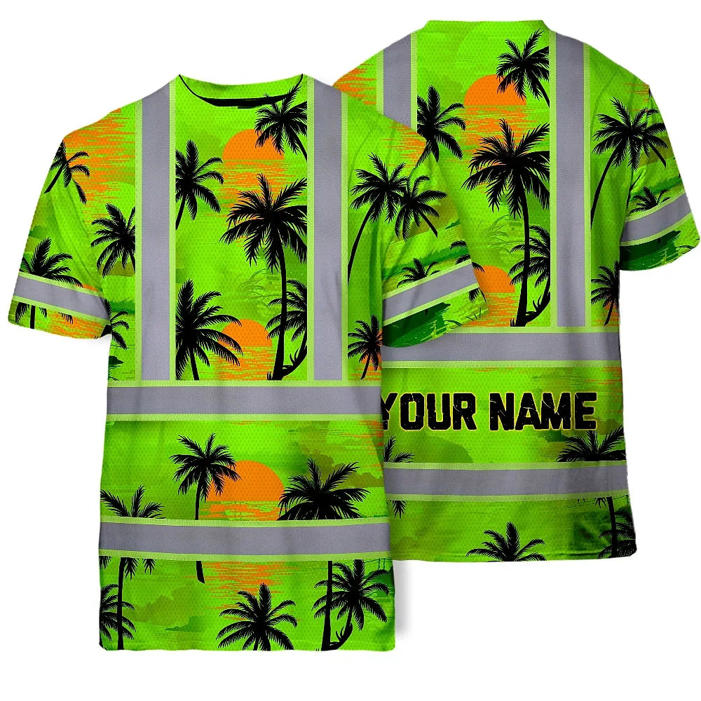 Hi Vis T Shirt Reflective Tapes Green Neon Flowers Custom Name