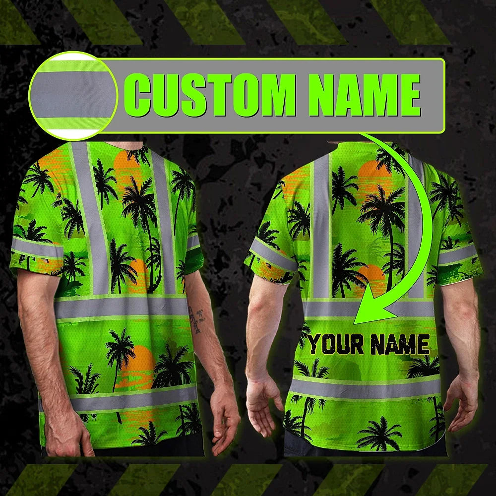 Hi Vis T Shirt Reflective Tapes Green Neon Flowers Custom Name