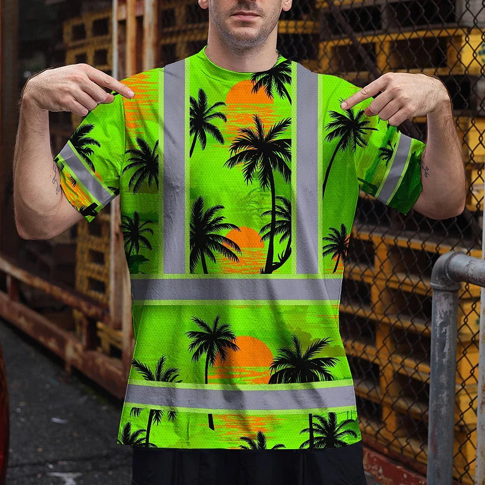 Hi Vis T Shirt Reflective Tapes Green Neon Flowers Custom Name