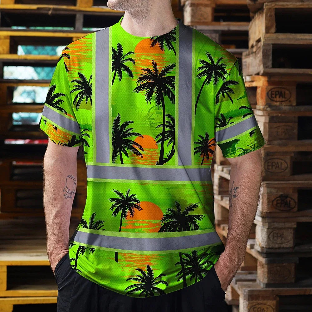 Hi Vis T Shirt Reflective Tapes Green Neon Flowers Custom Name