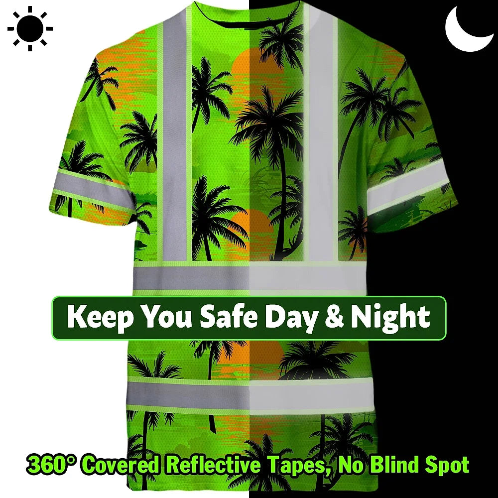 Hi Vis T Shirt Reflective Tapes Green Neon Flowers Custom Name