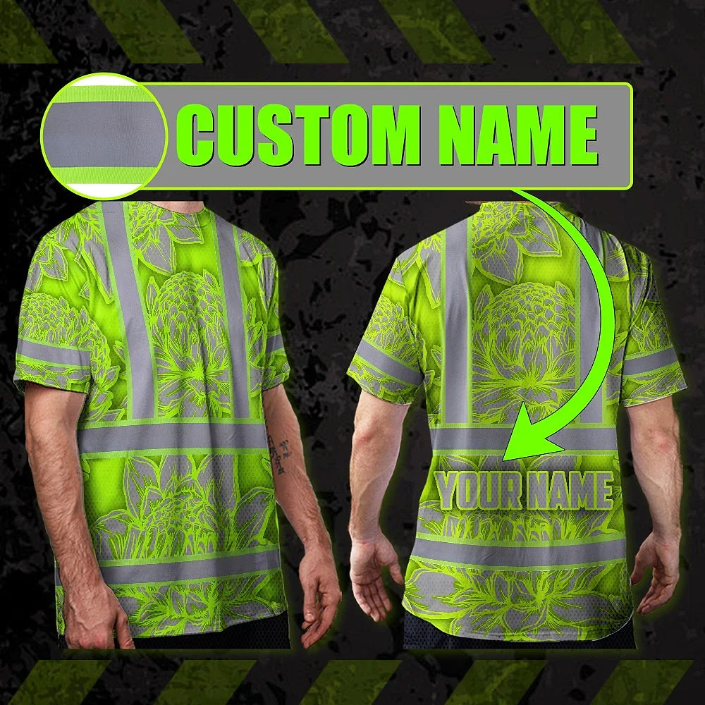 Hi Vis T Shirt Reflective Tapes Green Neon Grey Protea Custom Name Safety Workwear For Workers, Truckers, Operators