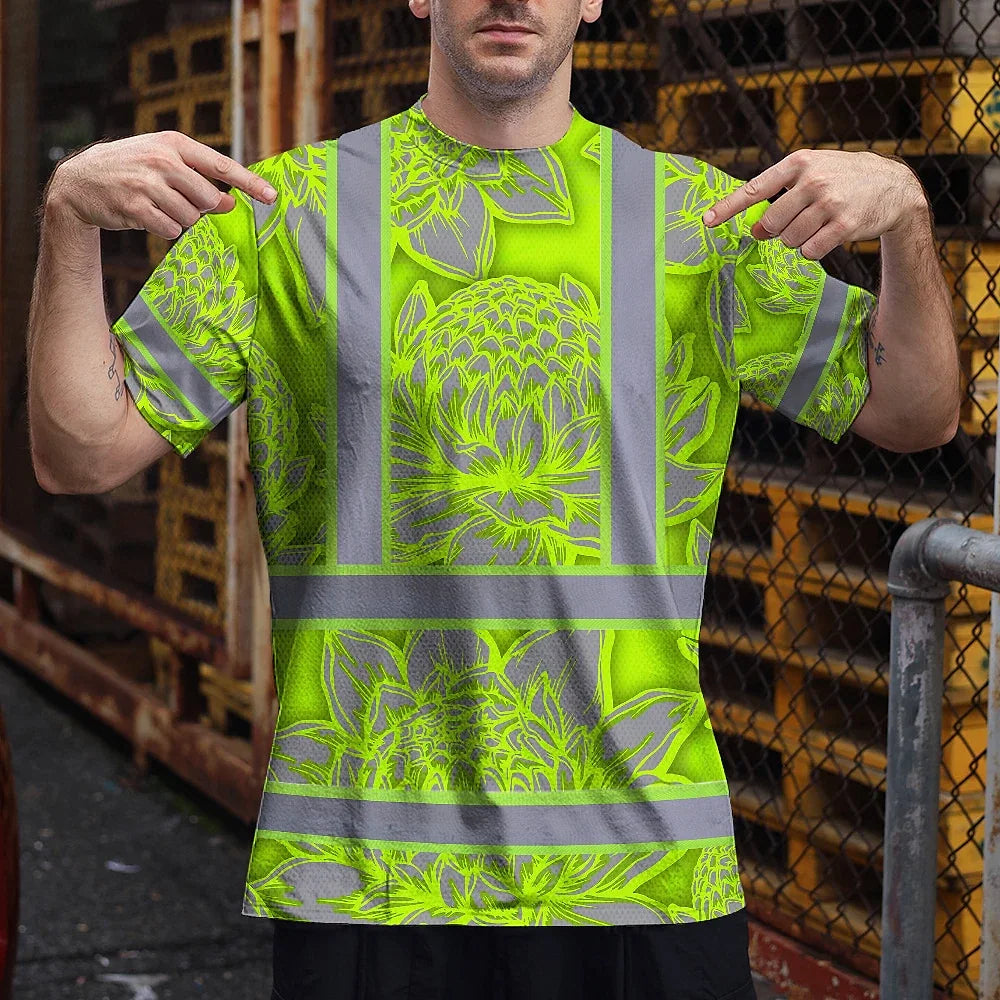 Hi Vis T Shirt Reflective Tapes Green Neon Grey Protea Custom Name Safety Workwear For Workers, Truckers, Operators