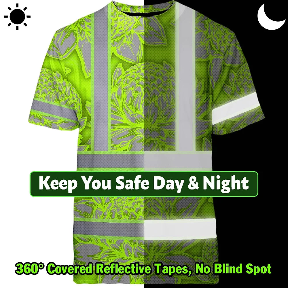 Hi Vis T Shirt Reflective Tapes Green Neon Grey Protea Custom Name Safety Workwear For Workers, Truckers, Operators