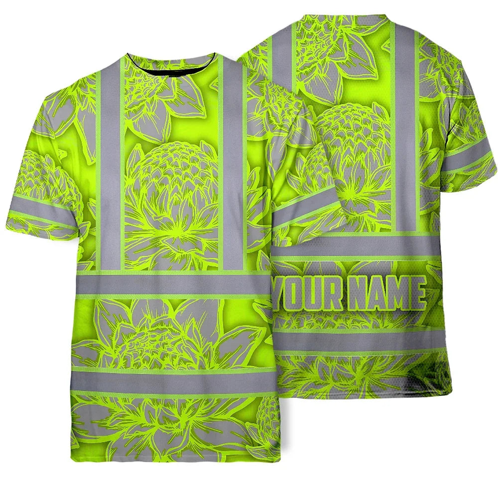 Hi Vis T Shirt Reflective Tapes Green Neon Grey Protea Custom Name Safety Workwear For Workers, Truckers, Operators