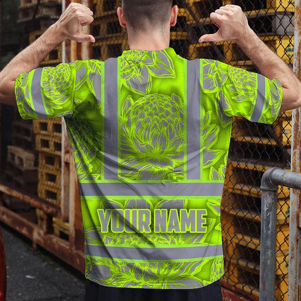 Hi Vis T Shirt Reflective Tapes Green Neon Grey Protea Custom Name Safety Workwear For Workers, Truckers, Operators
