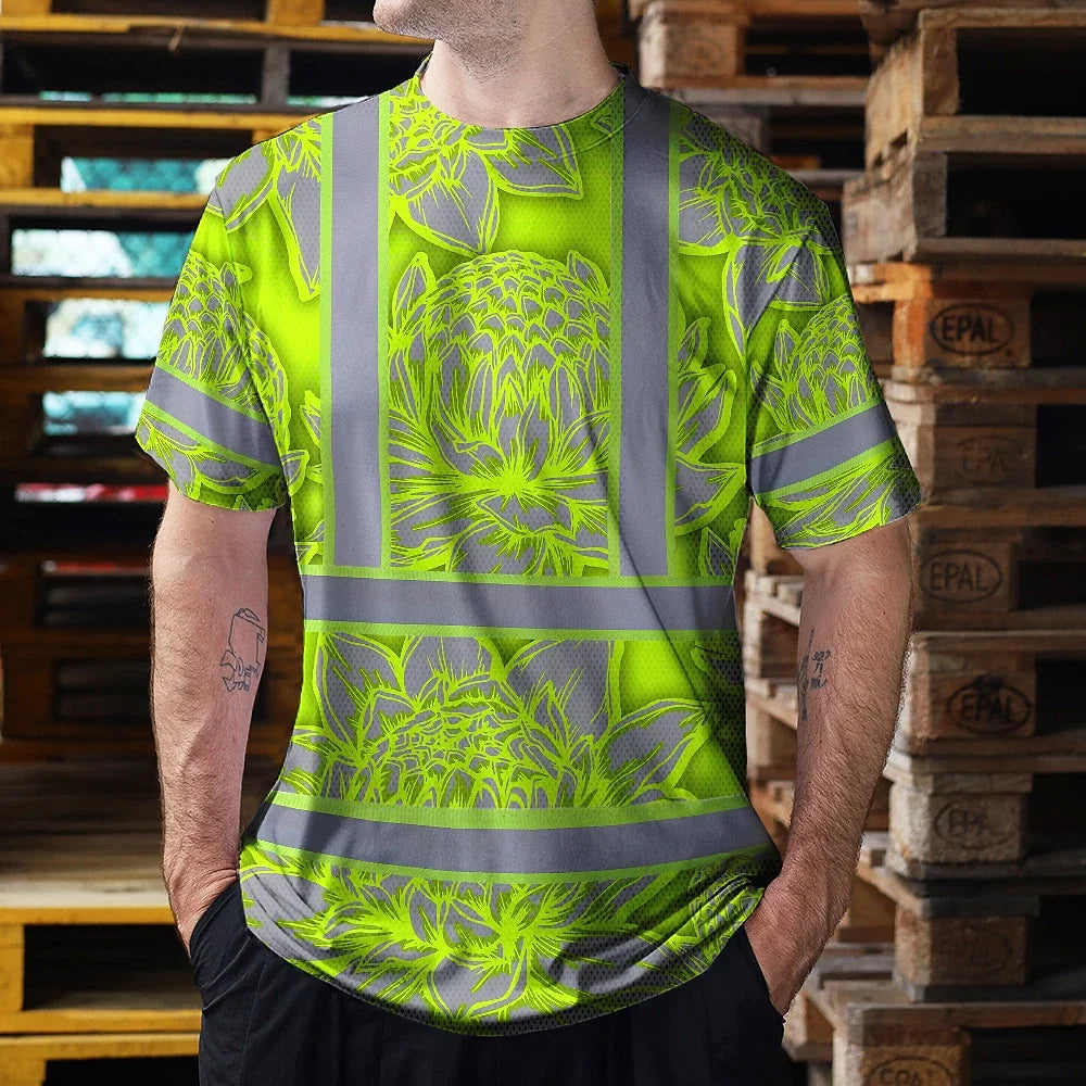Hi Vis T Shirt Reflective Tapes Green Neon Grey Protea Custom Name Safety Workwear For Workers, Truckers, Operators
