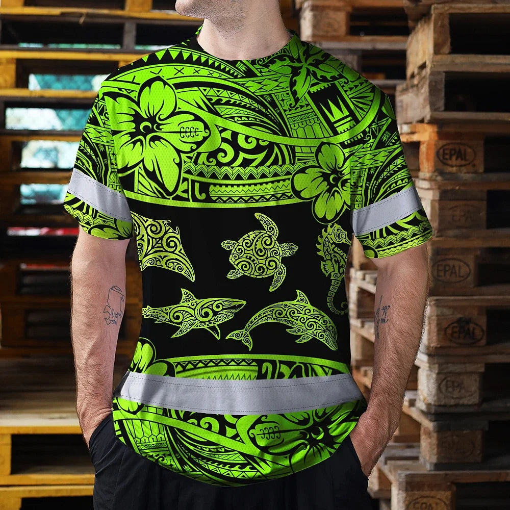 Hi Vis T Shirt Reflective Tapes Green Neon Hawaiian Polynesian Tribal Custom Name