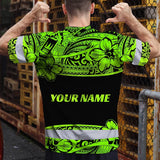 Hi Vis T Shirt Reflective Tapes Green Neon Hawaiian Polynesian Tribal Custom Name