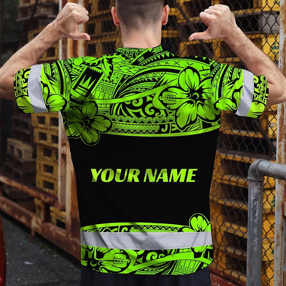 Hi Vis T Shirt Reflective Tapes Green Neon Hawaiian Polynesian Tribal Custom Name