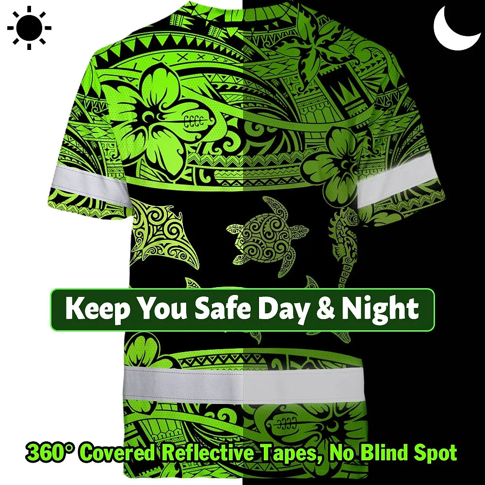 Hi Vis T Shirt Reflective Tapes Green Neon Hawaiian Polynesian Tribal Custom Name