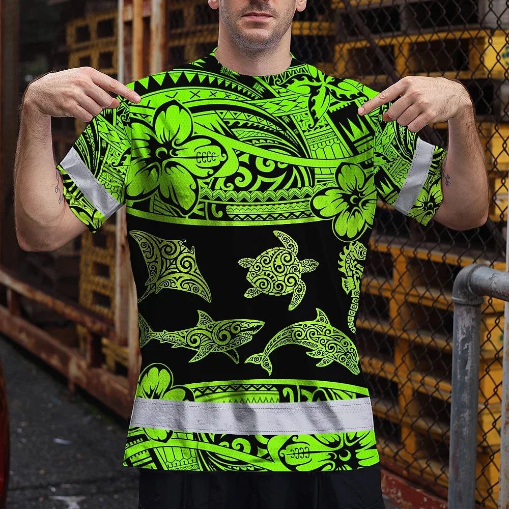 Hi Vis T Shirt Reflective Tapes Green Neon Hawaiian Polynesian Tribal Custom Name