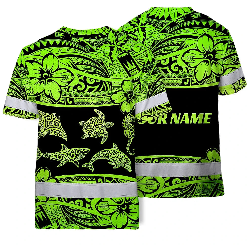 Hi Vis T Shirt Reflective Tapes Green Neon Hawaiian Polynesian Tribal Custom Name