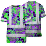 Hi Vis T Shirt Reflective Tapes Green Neon Violet Skull Custom Name Safety Workwear For Workers, Truckers, Operators