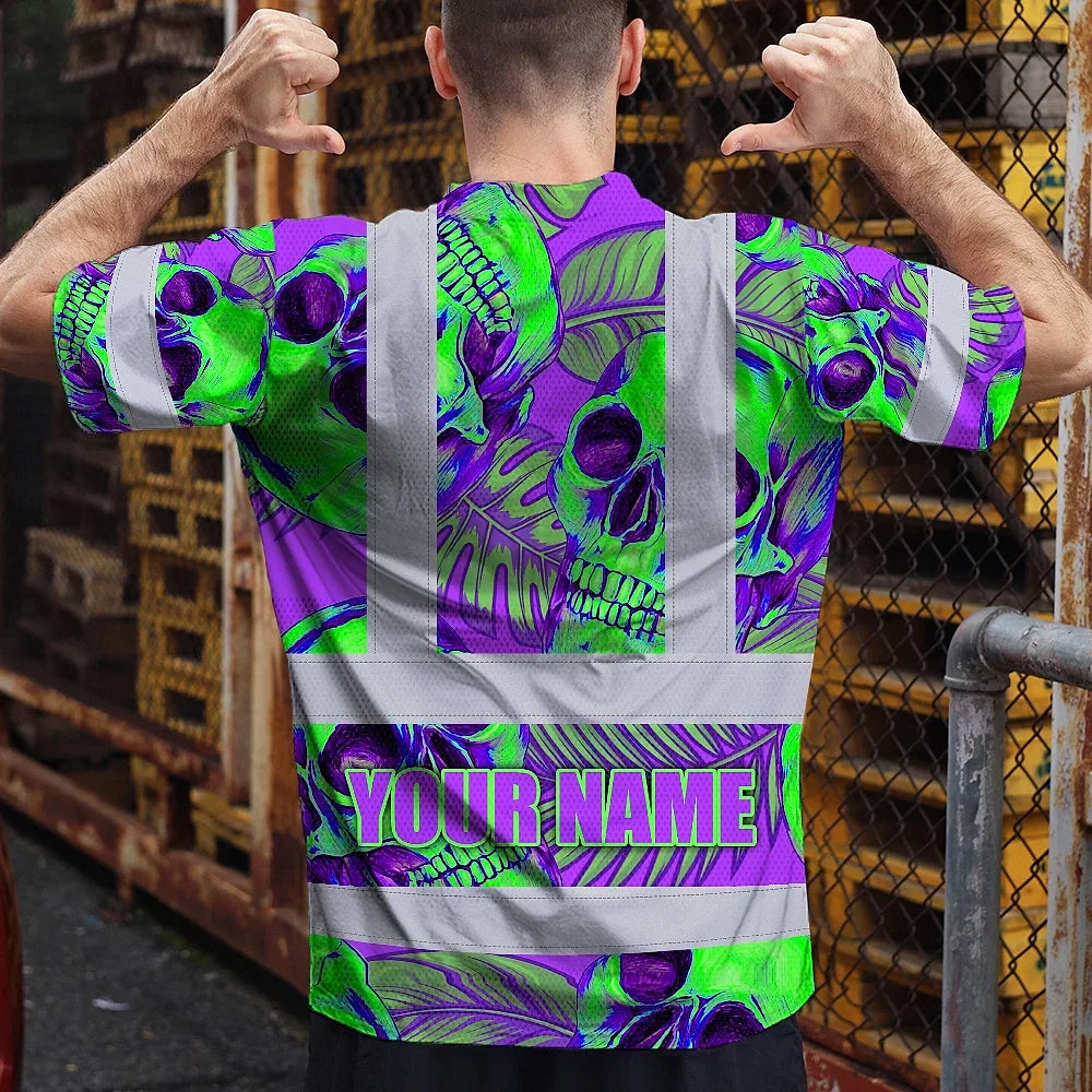 Hi Vis T Shirt Reflective Tapes Green Neon Violet Skull Custom Name Safety Workwear For Workers, Truckers, Operators