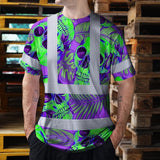 Hi Vis T Shirt Reflective Tapes Green Neon Violet Skull Custom Name Safety Workwear For Workers, Truckers, Operators