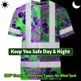 Hi Vis T Shirt Reflective Tapes Green Neon Violet Skull Custom Name Safety Workwear For Workers, Truckers, Operators
