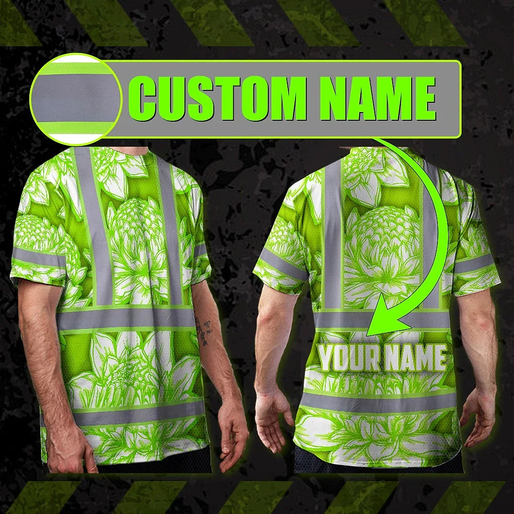 Hi Vis T Shirt Reflective Tapes Green Neon White Protea Custom Name Safety Workwear For Workers, Truckers, Operators